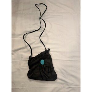 Erda Black Leather Crossbody Purse with Turquoise Stone Accent and Fringe